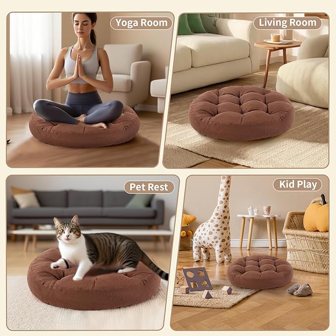Meditation Floor Pillow, Round Floor Cushions for Adults, Button Tufted Seat Cushions for Yoga Tatami Living Room, Brown, 22 x 22 x 4 in