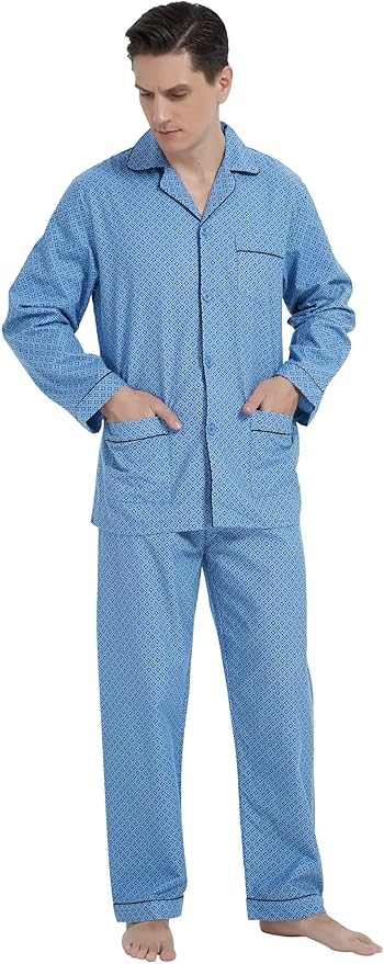 GLOBAL Men's Pajamas Sets 100% Cotton Flannel Sleepwear Long-Sleeve top & Bottom