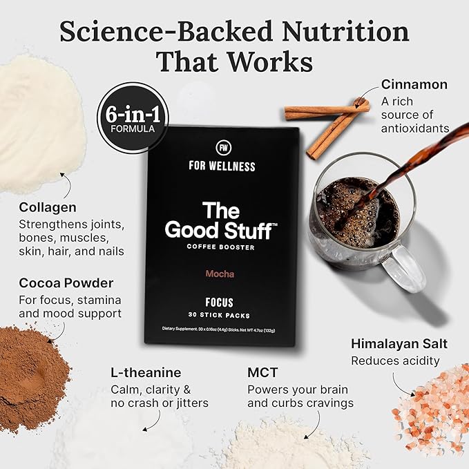 For Wellness The Good Stuff Focus – Mocha Coffee Booster | Nootropic Collagen Creamer with MCTs for Focus, Energy & Wellness | Non-Dairy, Keto-Friendly, 30 Servings
