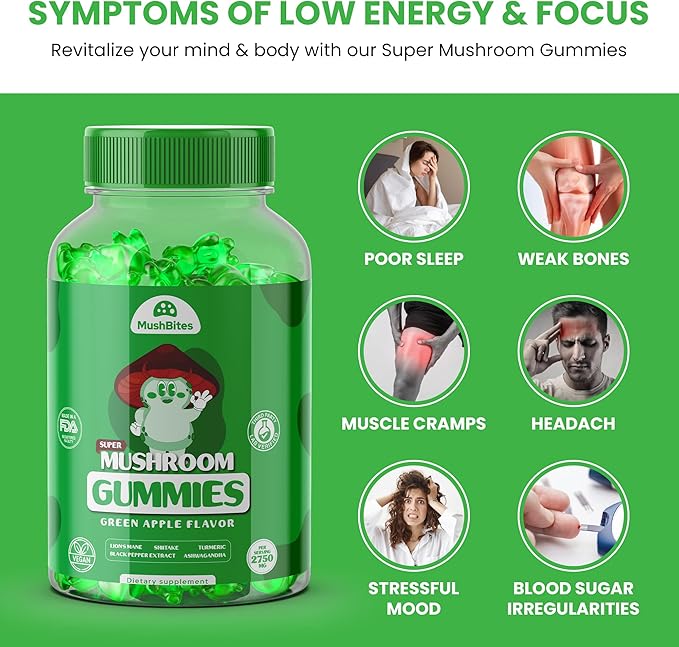 Organic Lions Mane Mushroom Gummies – Delicious Green Apple Flavor Lion's Mane Gummy – 10 Mushroom Superfood Blend – Supports Focus, & Clarity, Vegan 90 Ashwagandha Gummies