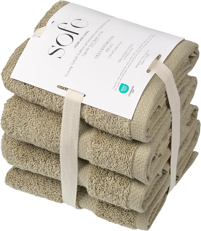 SOFE H&L | Olea Luxury Turkish Cotton Hand Towels Set of 4 Green | Premium, Soft, Durable, Absorbent | Hotel Quality Plush Towels and Thick Towel Sets