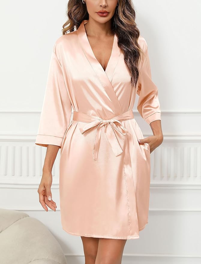 Samring Women's Bride Bridesmaids Robe Short Satin Kimono Robes for Wedding & Bridal Party Silk Bathrobes for Women