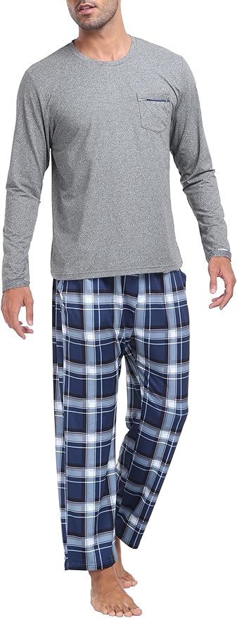 MoFiz Men's Pajamas Plaid Sets Sleepwear Sleep Long Sleeve Shirts and Pants Pajama Set Soft Mens Pjs Lounge Set with Pockets