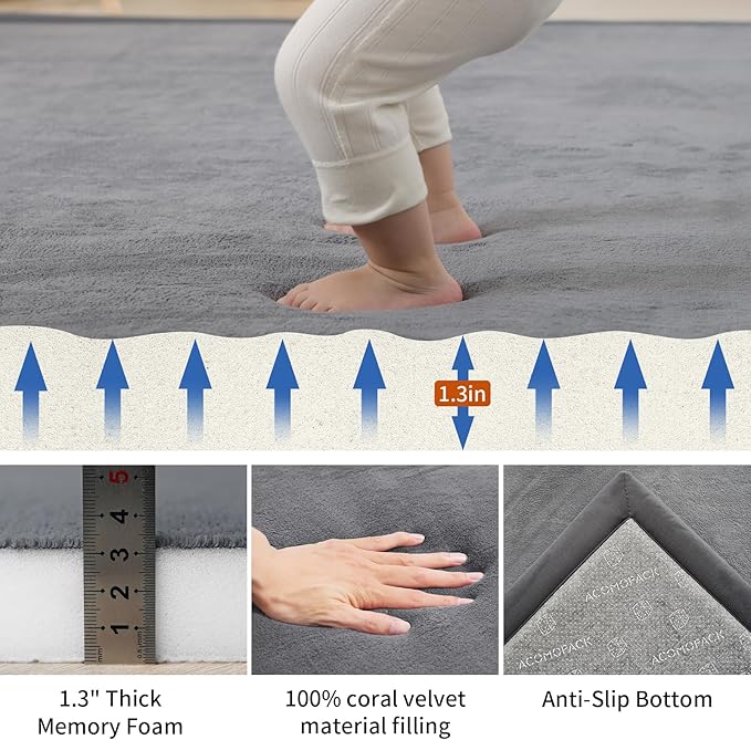 ACOMOPACK Baby Play Mat for Floor,1.3" Thick Memory Foam Area Rug for Living Room,Soft Velvet Crawling with Non-Slip Bottom for Kid,Toddler,39"×59" Tummy Time Nursery Rugs,Yoga(Dark Grey)