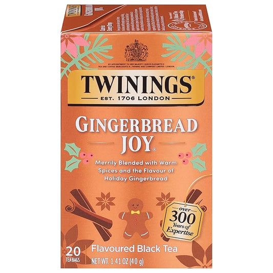 Twinings Gingerbread Joy Black Tea Individually Wrapped Bags, 20 Count (Pack of 1), Ginger & Cinnamon, Caffeinated, Enjoy Hot or Iced, 20 Teabags