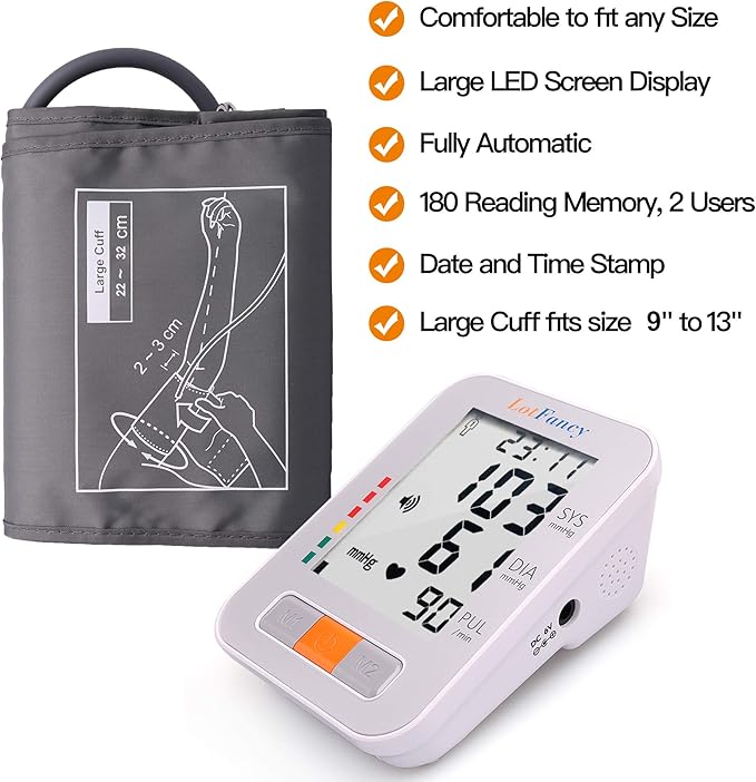 Blood Pressure Monitor, LotFancy Digital Sphygmomanometer, 180-Readings Upper Arm Medium Cuff (9-13")