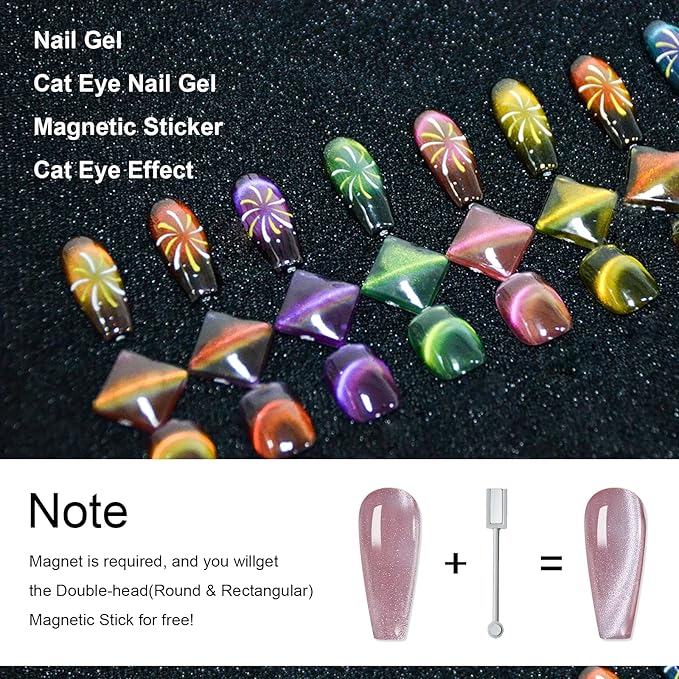 6 Colors Two-tone Cat Eye Nail Polish, Upgraded Magnetic Gel Polish Kit with Magnet Stick, Galaxy Chameleon Effect Silky Cat Eye Nail Gel Soak Off Nail Art Salon Manicure Home Ladies Gift