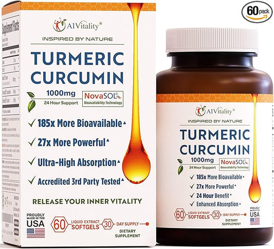 A1Vitality Turmeric Curcumin NovaSOL 1000mg - Nature's Joint Support Supplements - 185x Bioavailable Than Standard Curcumin - Natural Softgels