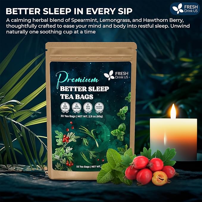 FreshDrinkUS, Premium 135 Tea Bags Better Sleep Herbal Tea | Caffeine-Free Loose Leaf Blend with Spearmint Leaves, Lemongrass Leaves, and Hawthorn Berry โ Naturally Refreshing and Aromatic.