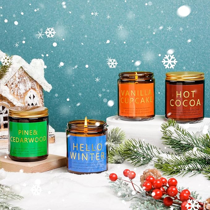 Winter Candle Set | 4 Pack Scented Candles for Home | Holiday Gifts for Women Men | Soy Candles for Home Scented | Christmas Scents of Hello Winter/Pine&Cedarwood/Hot Cocoa/Vanilla Cupcake