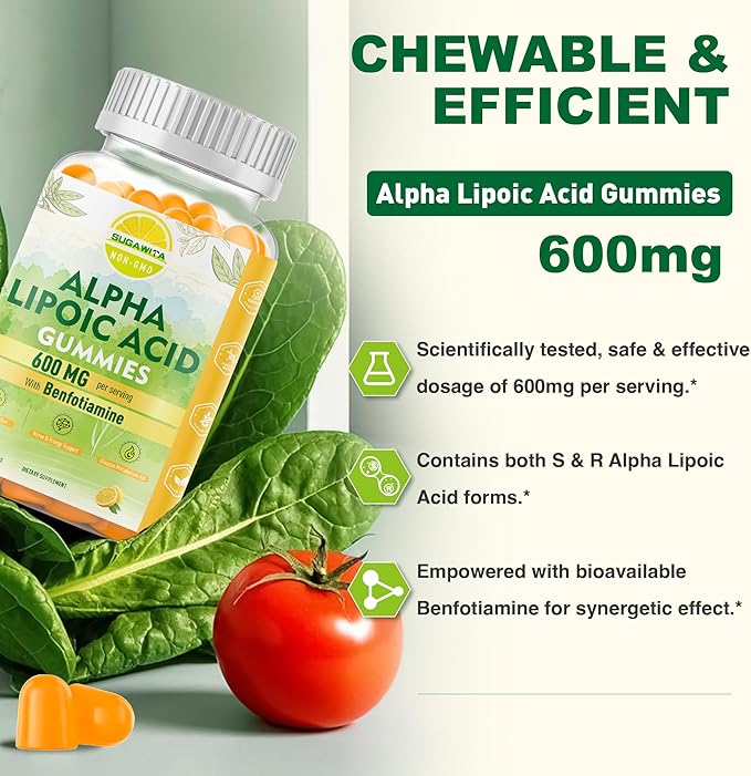 Pure R-Alpha Lipoic Acid 600mg with Benfotiamine for Nerve Support, Antioxidant Support, ALA Supplement Alpha Lipoic Acid Gummies - Vegan, Sugar-Free, 60 Counts