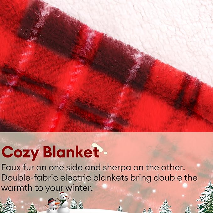 MAXEVE Heated Electric Blanket, 50"x60" Faux Fur Fast Heating Throw Blankets with 8 Heating Levels & 8 Hours Auto Off with Over-Heat Protection & ETL Certified, Plaid Red