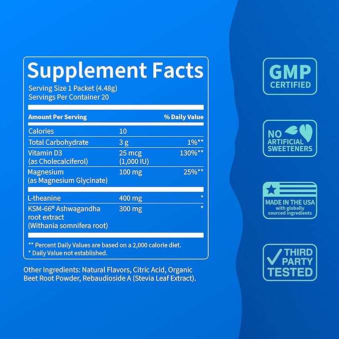 Nello Supercalm Powdered Drink Mix, Raspberry Lemonade, L Theanine, Ksm-66 Ashwagandha, Magnesium Glycinate, Vitamin D 3, Supplements for Relaxation & Focus, No Sugar, Non GMO, On The Go, 20 Ct