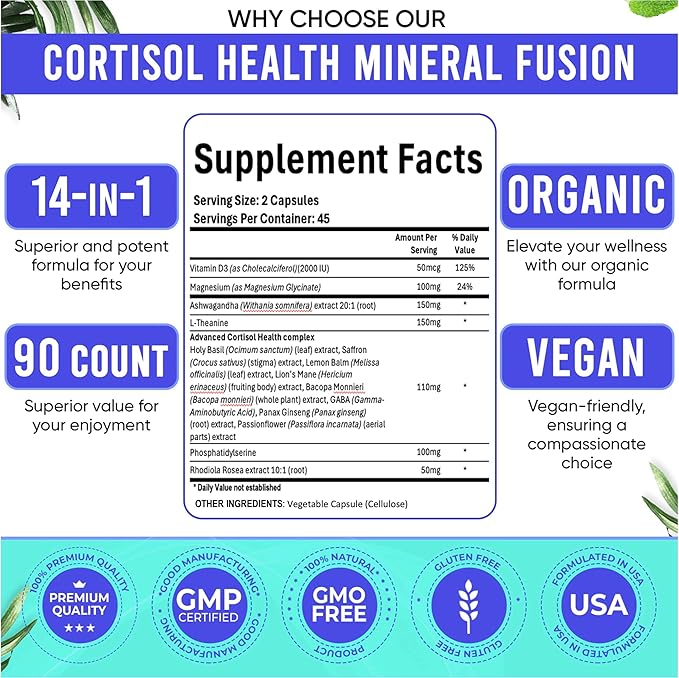 Adndale Cortisol Supplements for Women. Cortisol Supplement 14-in-1 Ashwagandha Supplement with Magnesium Glycinate, L-Theanine & More. 90 Capsules.
