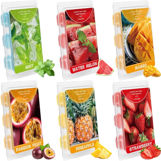SCENTORINI Wax Melts, 6 Pack Scented Wax Cubes,Wax Melts Strong Scent, Soy Wax for Wax Warmer - Mint, Watermelon, Strawberry, Mango, Passion Fruit, Pineapple