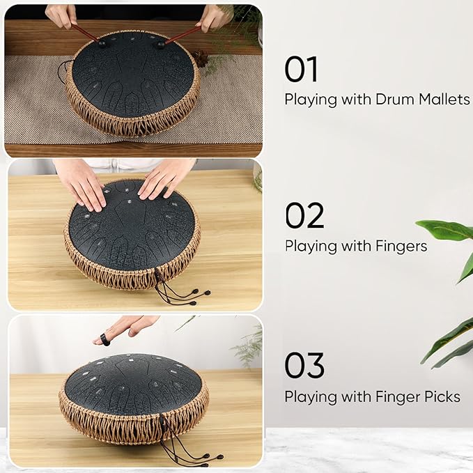 Steel Tongue Drum 12 Inch 15 Notes: Handpan Drums Set with Music Book Mallets Carry Bag - Hand Pan Instrument for Adults Musical Education Meditation Yoga Chakra (Black)