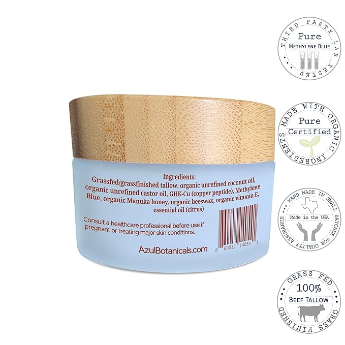Copper Peptide GHk-Cu & Methylene Blue Infused Whipped Grass Fed Beef Tallow Balm, Fine lines, Wrinkles, Eczema, Acne, Full body Moisturizer, All skin types, With Organic Ingredients 1.7oz