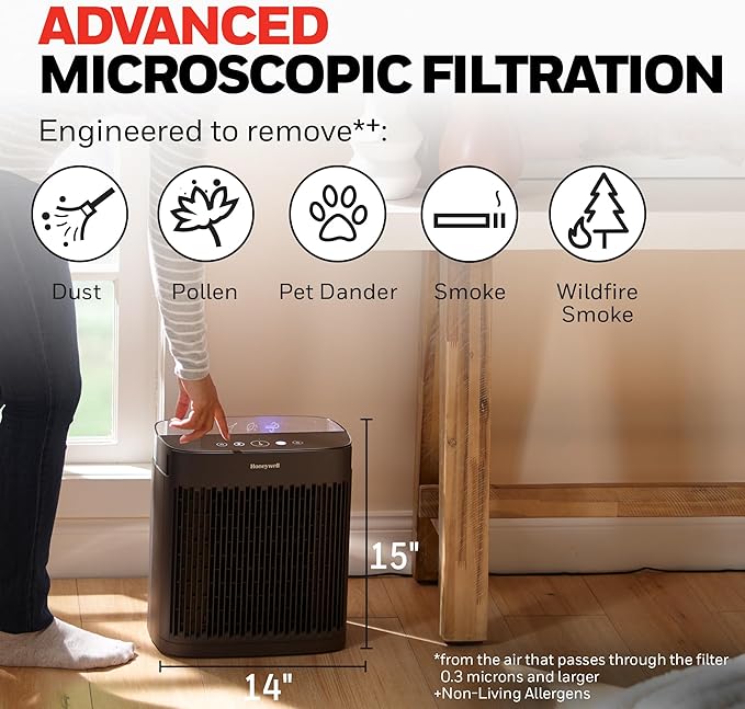 Honeywell Allergen Plus HEPA Air Purifier for Home, Large Rooms up to 900 Ft², Turbo Clean, HEPA Filter Reduces Allergens, Dust, Pollen, Pet Dander, All Smoke Types, Odors, Black, HPA5100B