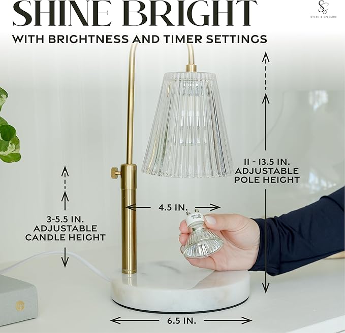 Flameless Candle Warmer Lamp for Jar Candles Large & Small – Dimmable Lamp Candle Warmer Electric with Large Marble Base & Adjustable Height – Candle Melter with Timer and 4 Halogen Light Bulbs