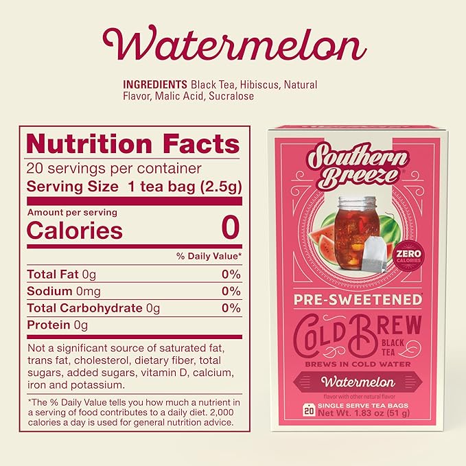Southern Breeze Cold Brew Sweet Tea Watermelon Iced Tea with Black Tea and Zero Carbs Zero Sugar, 20 Individually Wrapped Tea Bags, Pack of 4