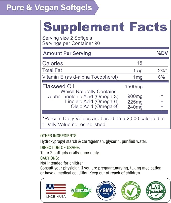 Lovita Vegan Flaxseed Oil 1500mg with 900mg ALA Omega-3 6 9, Cold-Pressed Flax Seed Supplement, Support Heart, Brain, Joint & Skin Health, Non-GMO & Gluten Free, 180 Softgels