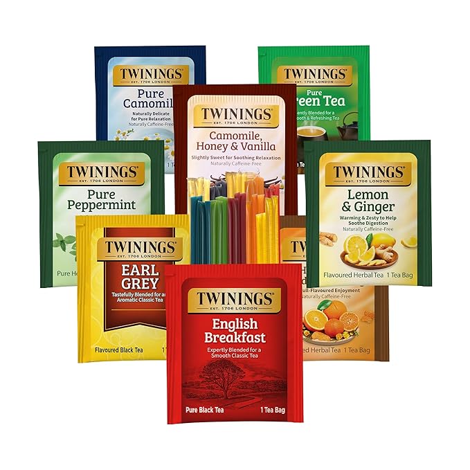 Twinings 48 Tea Bags Herbal Variety Pack, Bundle with 20 Flavored Honey Sticks – 8 Flavors Caffeine-Free Individually Wrapped Teas for Gift Baskets, Office, or Lobby Refreshments