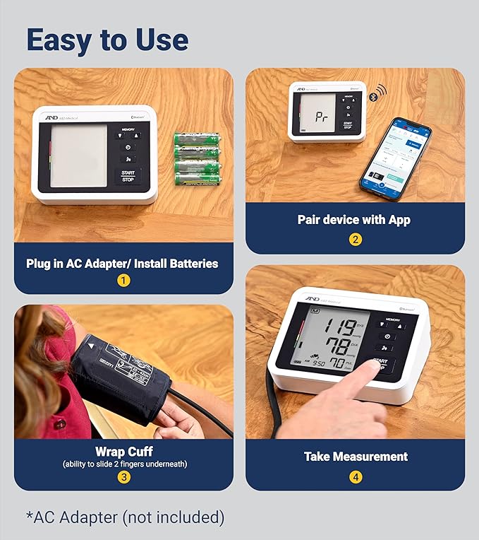 A&D Medical Voice-Guided Blood Pressure Monitor for Home Use with Bluetooth, UA-1040TBLE - Wide Range Cuff (8.6-16.5" / 22-42cm) Ideal for Visually Impaired - 3 Language Selections, Accessible