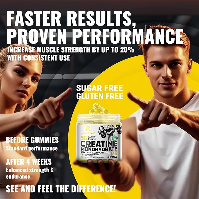 Natures Aid Creatine Monohydrate Gummies (5g) – Pre-Workout Energy & Muscle Growth Support for Men & Women | Pineapple Electrolyte Gummies (135 Count)