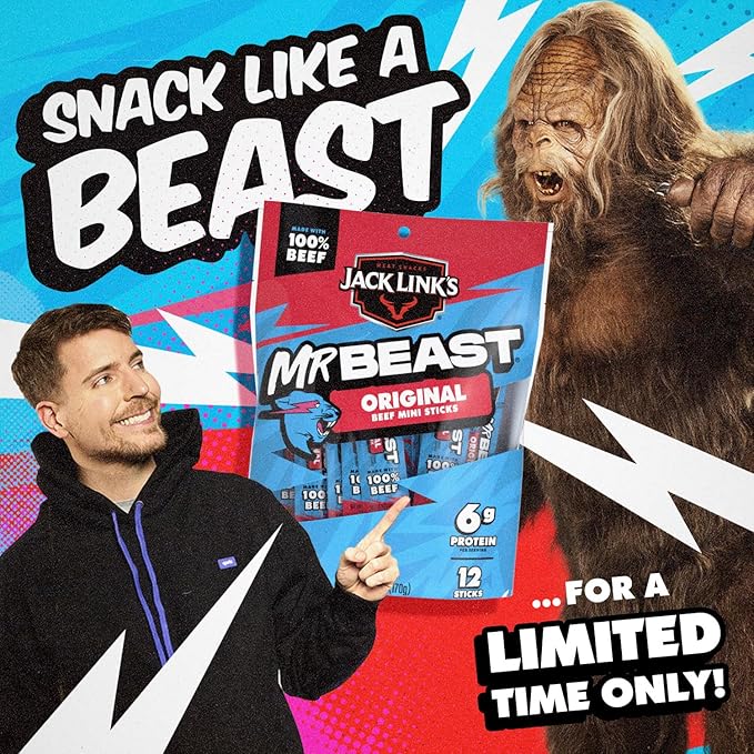 Jack Link’s x MrBeast Original Mini Beef Sticks – 6g Protein per Serving, Individually Wrapped Meat Snacks, Made with 100% Real Beef, Pantry-Ready, Kids Snacks, 0.5oz (12 Count)