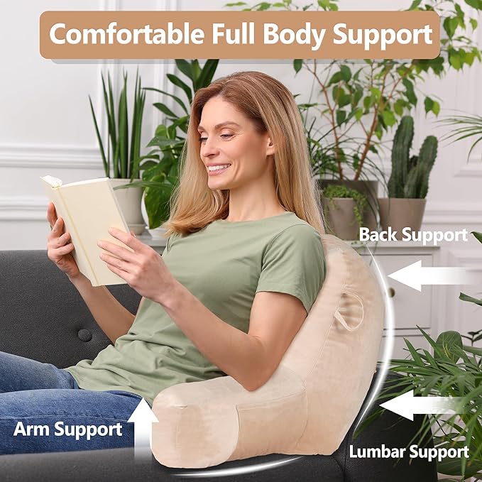 Portable Comfy Reading Pillows for Sitting in Bed Adult(Khaki Oeko-Tex), Velvet Bed Pillow with Arms & Pockets,Elastic Sponge & Washable Cover,Back Pillow for Reading/Watching/Gaming/Resting