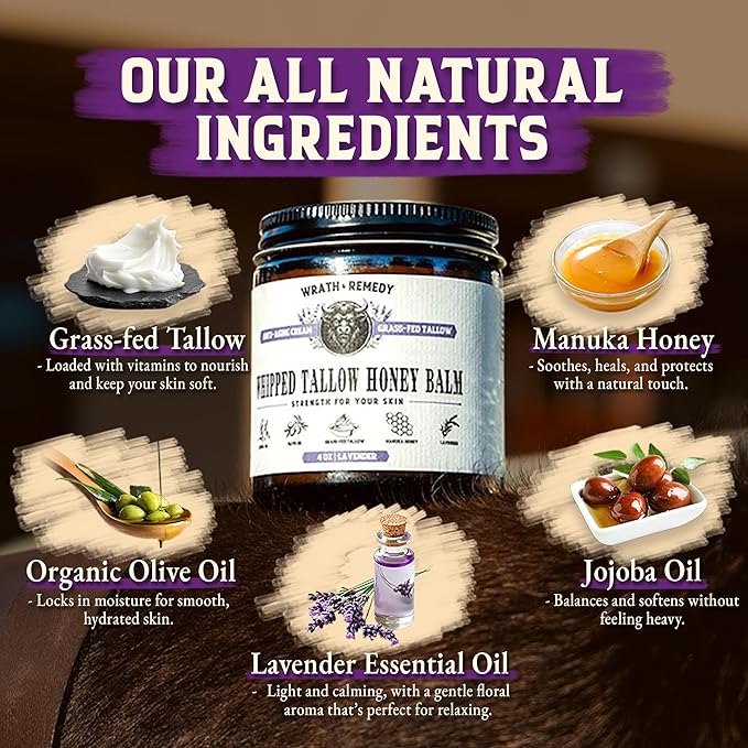 Organic Beef Tallow for Skin - 2OZ (Lavender, Concentrated) โ Grass Fed Beef Tallow for face + Body โ US-Made Tallow and Honey Balm Moisturizer for Dry & Sensitive Skin, Eczema, Rosacea(No Additives)