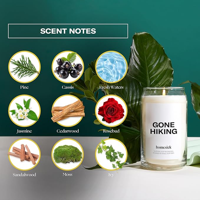 Homesick Scented Candles for Home (Gone Hiking) - 13.75 oz Long-Lasting Natural Soy Wax Blend Jar Candle Gifts for Women & Men, 60-80 Hours Burn Time - Notes of Pine, Jasmine & Sandalwood