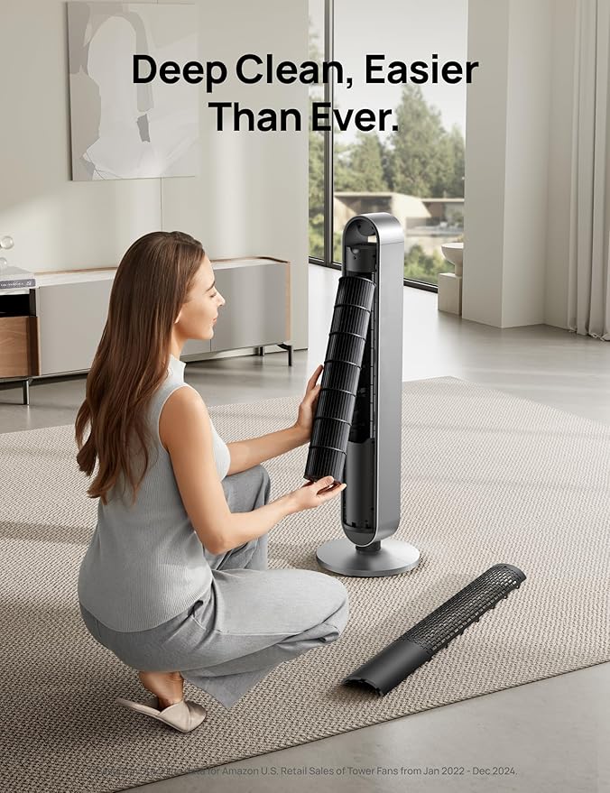 Dreo Tower Fan for Bedroom, 42 Inch 120° Oscillating Fan, 25dB Quiet DC Motor, 28ft/s Velocity Bladeless Standing Fan with 12 Speeds, 4 Modes, 12H Timer Cooling Fans for Home, Living Room, Pilot Max S