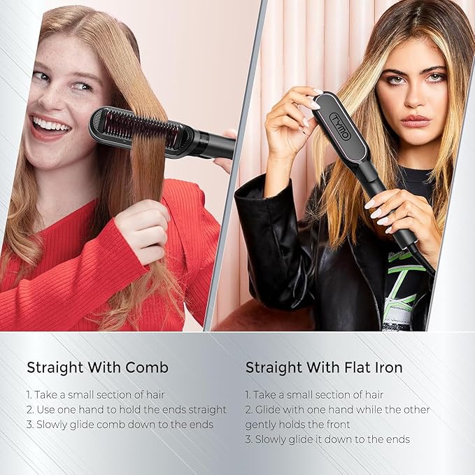 TYMO Flat Iron Hair Straightener Brush 2 in 1, 200M Ions Hair Straighteners for Women, Ceramic Dual Voltage Straightening Hot Comb for Anti-Frizz Straights, Waves, Curls, 3X Less Heat Damage, Black