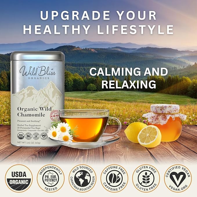 Wild Bliss Organic Chamomile Tea - Caffeine Free Calming Herbal Support - Pharmacopoeia Potency - 20 Plant Based Tea Bags