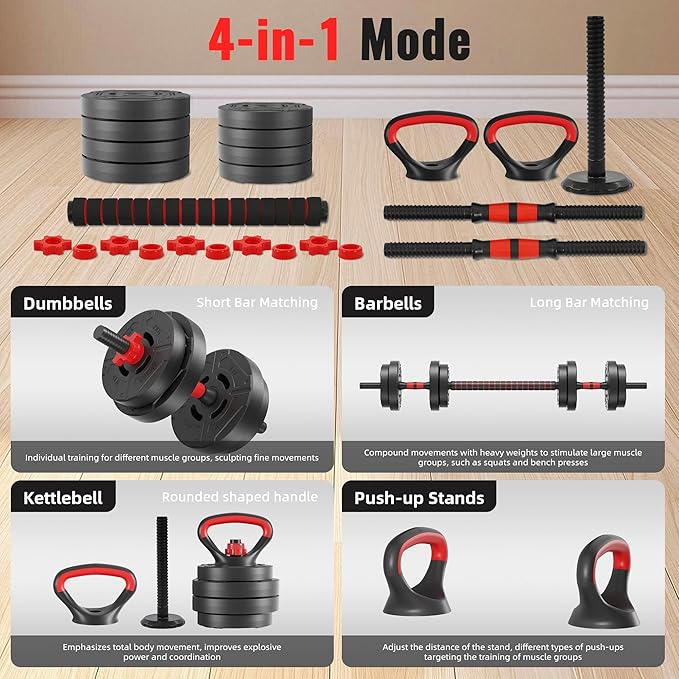 Multi-Functional Portable Changeable Dumbbell and Barbell Kettlebell Set with Adjustable Weights, 40LBS or 60LBS Sets, 2-in-1 or 4-in1, Multiple Sizes
