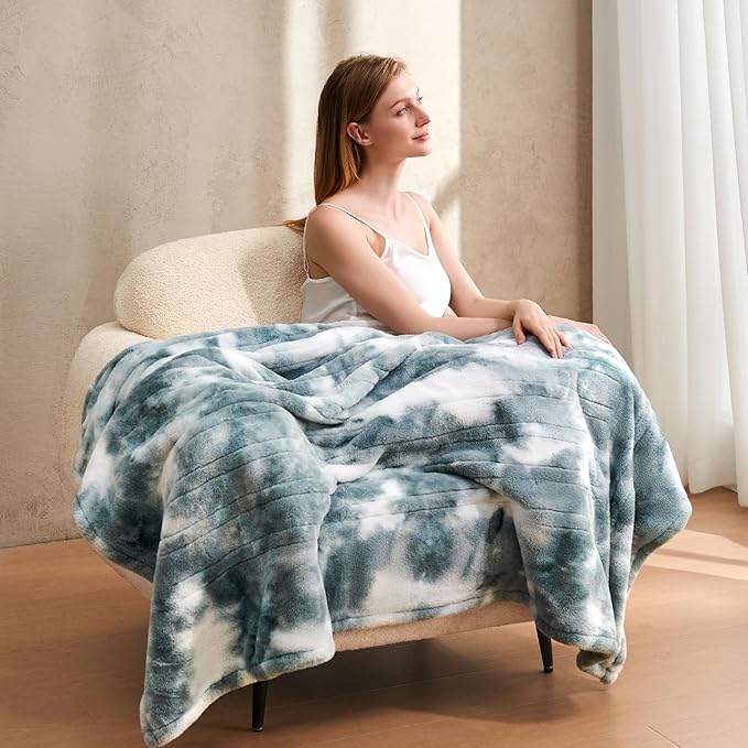 Electric Heated Blanket 84"x90",Luxury Freshwater Blue Faux Fur Electric Queen Blanket,Fast Heating Soft Fluffy Thick Electric Blanket with 6 Heating Levels & 12H Auto Off