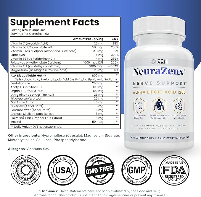 Zen Nutrients NeuraZenX Nerve Support & Peripheral Neuropathy Support Supplement with 1200mg Alpha Lipoic Acid (ALA), Benfotiamine, L-Carnitine, and Turmeric