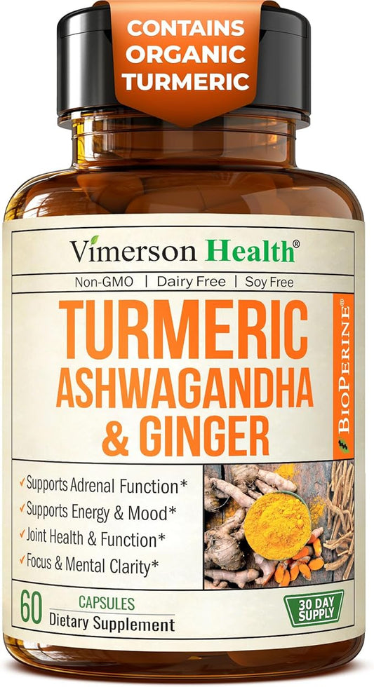 Ashwagandha Turmeric Curcumin Supplement with Ginger - Organic Turmeric Supplement, Curcumin with Black Pepper (95% Curcuminoids), Ginger Root for Joint Health, Energy & Immune Support. 60 Capsules