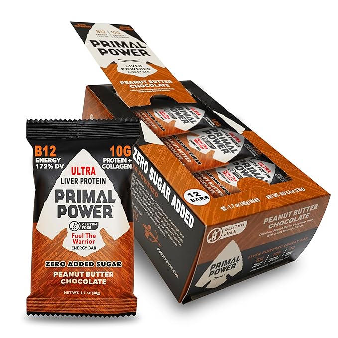 Primal Power Liver Powered Nutrition Bars - B12 Energy Boost, 10g Protein, Vitamins, Minerals, Collagen, Zero Added Sugar, Gluten Free - Pack of 12 (Peanut Butter Chocolate Flavor)