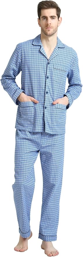 GLOBAL Men's Pajamas Sets 100% Cotton Flannel Sleepwear Long-Sleeve top & Bottom
