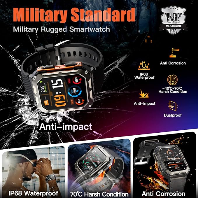 Military Rugged Smartwatch for Men,Sport Watch with Answer/Make Call IP68 1.83 inch Fitness Tracker Pedometer SpO2 for Outdoor Enthusiasts