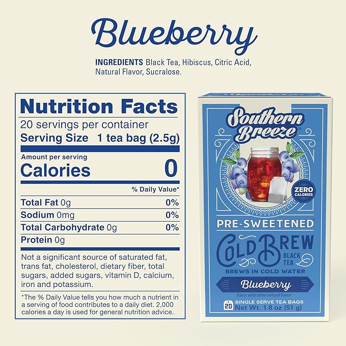 Southern Breeze Blueberry Cold Brew Sweet Tea Blueberry Iced Tea with Black Tea and Zero Carbs Zero Sugar, 20 Individually Wrapped Tea Bags Pack of 4