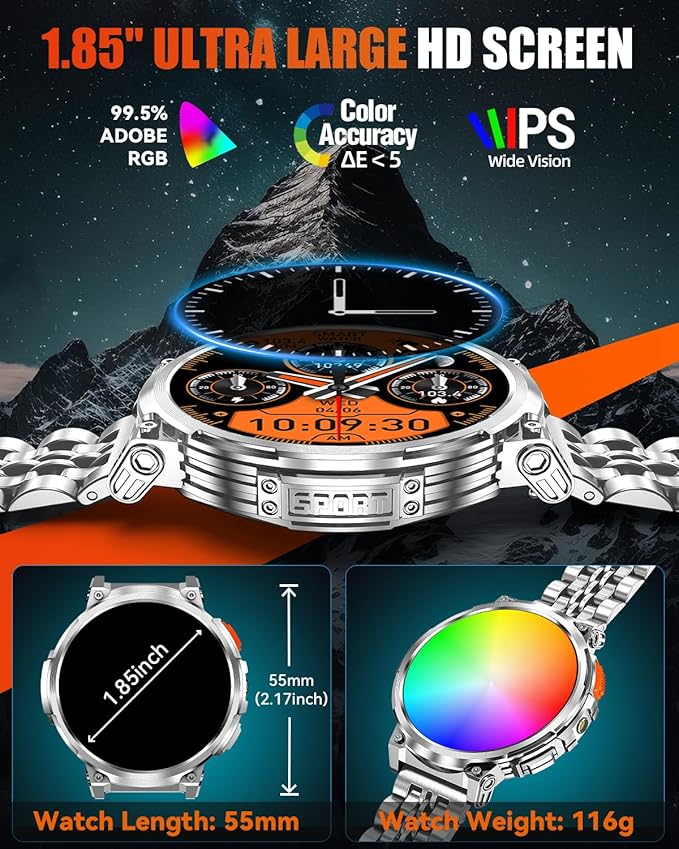 1.85" Big Screen Military Smart Watch for Men with Flashlight, 730mAh Large Battery, IP68 Waterproof, Bluetooth Calling, 114 Sports Modes, Heart Rate/Sleep Monitor for iOS Android