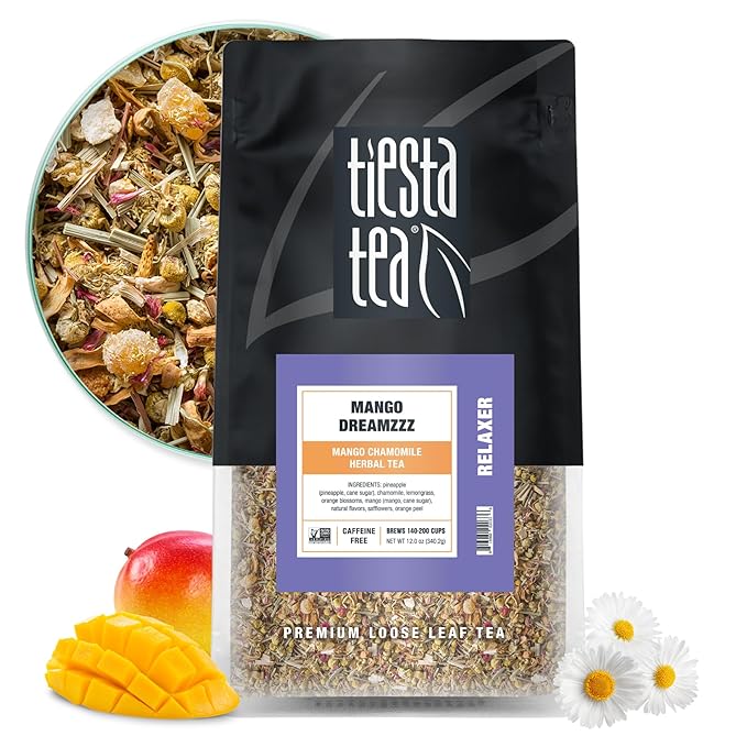 Tiesta Tea - Mango Dreamzzz Chamomile Loose Leaf Herbal Tea, Relaxing Chamomile & Lemongrass Blend, Caffeine-Free, Brew Hot or Iced, Makes Up to 200 Cups, Resealable Bulk Pouch, 12 Ounce