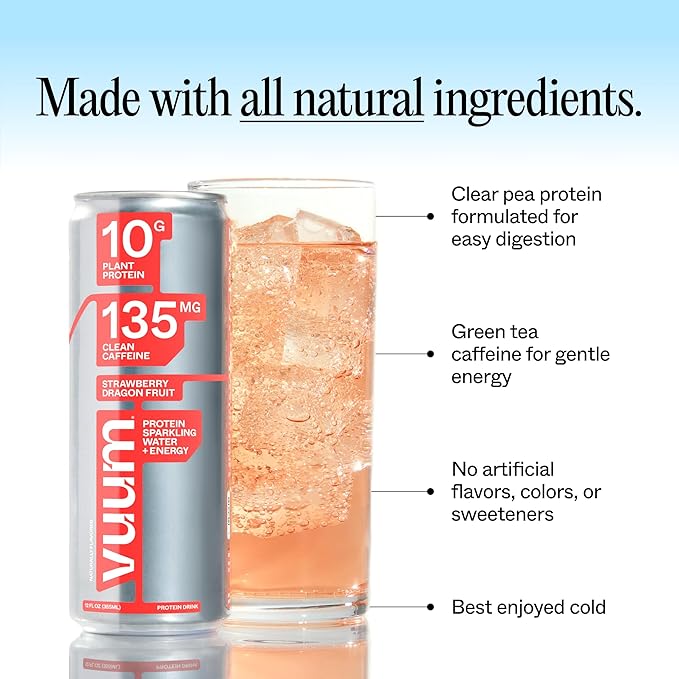 VUUM Sparkling Clear Protein Drink - 10g Plant Protein, Natural Pre Workout Energy Drink, Plant Based, Natural Caffeine, Sugar-Free Protein Drink - Strawberry Dragon Fruit, 12 Fl Oz (12 Pack)