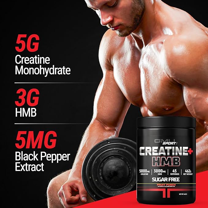 GMU SPORT - Creatine Monohydrate with HMB Powder - 45 Servings, Creatine HMB Supplements, Creatine with HMB for Increased Strength, Muscle Growth & Enhanced Energy, 3G HMB/Fruit Punch