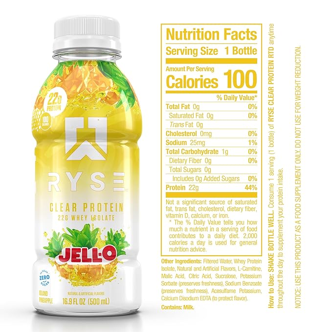 RYSE Clear Protein Shake - Jell-O Island Pineapple - 100 Calories, 22g Whey Isolate Protein, Sugar-Free, 0g Fat & Lactose-Free - Refreshing Ready-to-Drink Beverage - 16.9 fl oz Bottles (12-Pack)