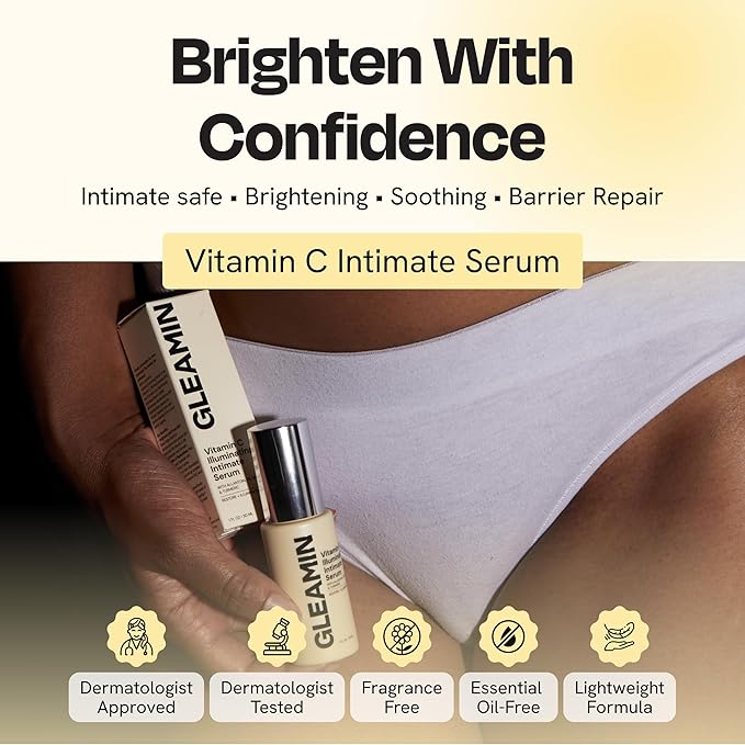 Gleamin Illuminating Intimate Serum with Vitamin C, 4% Niacinamide & Alpha Arbutin, Brightening Hyperpigmentation Treatment for Body - Underarm, Intimates Areas & Inner Thigh Lightening, 1 Fl oz