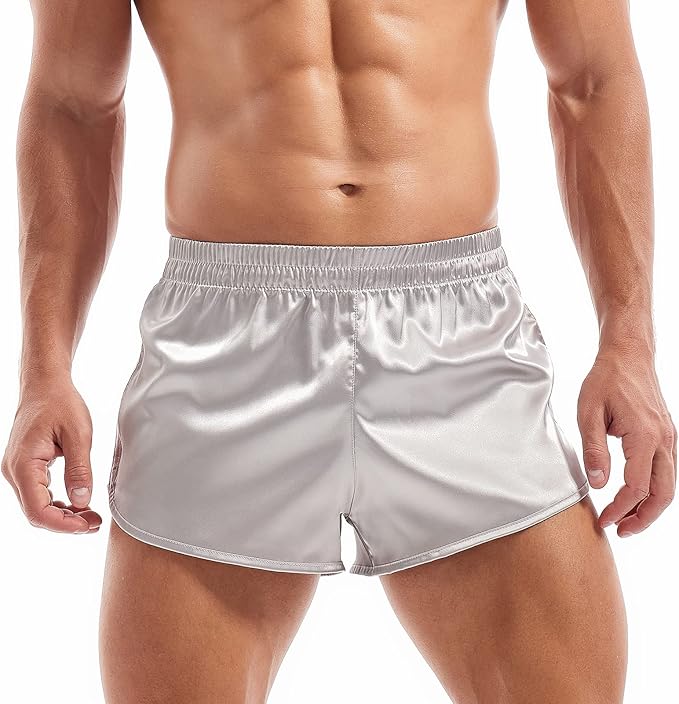 AMY COULEE Mens Satin Shorts Silk Boxers Sexy Split Side Lounge Shorts 3 Inch Pajama bottoms
